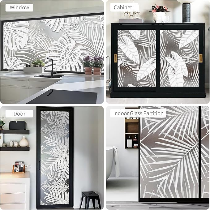 Faux 3D Frosted Tropical Window Privacy Film for Glass Door and Window, 16.93"x78.74" 3D-Banana Leaves