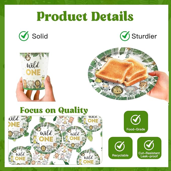 Wild One Birthday Decorations,182pcs Jungle Safari Theme Party Supplies,Includes Plates Napkins Cutlery Tablecloth and Banner,for Baby Shower or Boys 1st Birthday Party,Serve 30 Guests