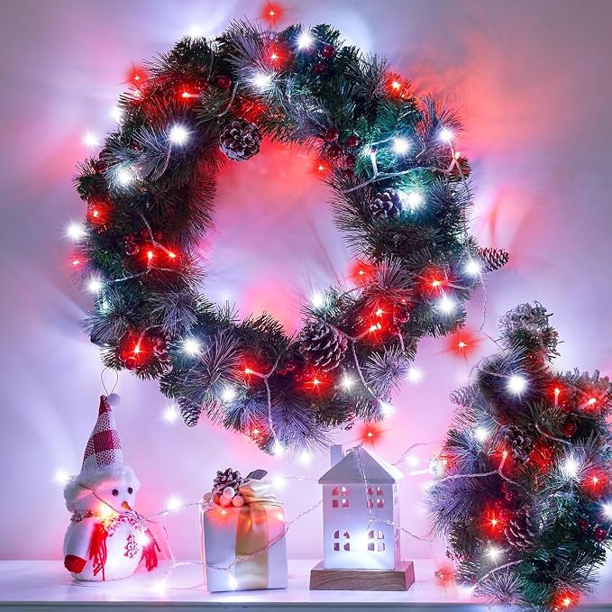 120 LED Red and White Christmas Lights Outdoor, 40 FT Christmas String Lights with 8 Modes Waterproof, Plug in Clear Wire Twinkle Fairy Lights for Indoor Tree Party Holiday Decorations