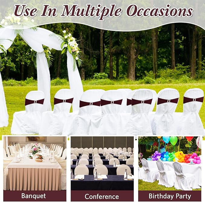 VitalCozy 150 Pcs Spandex Chair Sashes with Square Buckle Slider Stretch Chair Cover Band Universal Elastic Ties Straps Bows for Wedding Banquet Event Party Decoration(Burgundy)