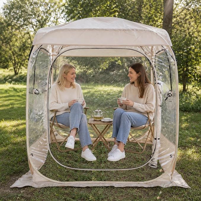 DIAMONDFORGE Sports Tent Pop Up Shelter 4.2 x 4.2 FT, Portable Clear Tent with Removable Top Cover, Instant Setup Weather Pods 2 Person, Spacious BubbleTent for Outside, Beige