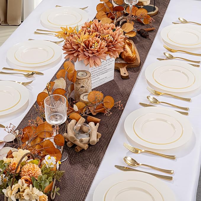 I00000 200 Pcs Ivory Plastic Plates, Disposable Party Plates Include 100 Ivory Dinner Plate 10’’ and 100 Plastic Dessert Plate 7’’ Perfect for Birthday, Party & Wedding
