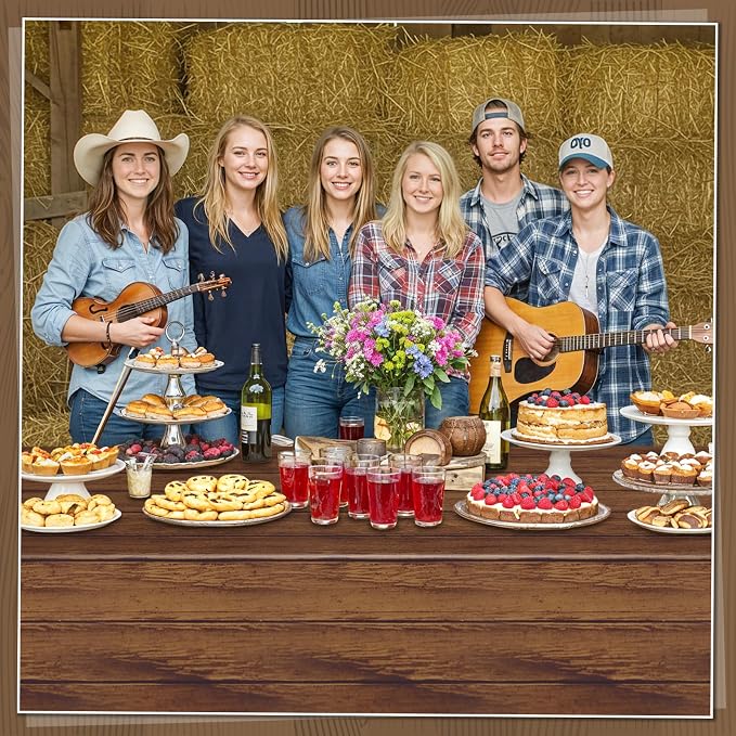 6 Pack Wood Grain Plastic Tablecloths, 54 x 108 In Rustic Table Covers | PE material, disposable and easy to clean, fits 8-10 seat tables, rustic farmhouse look for western barn parties