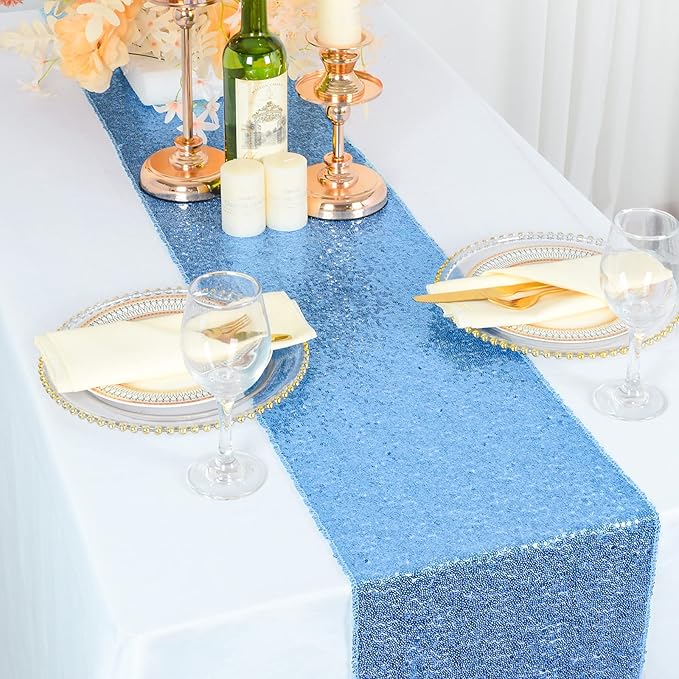 ShinyBeauty Sequin Table Runner 12" x 108" Baby Blue Sequin Table Cloth Runner Glitter Table Runner for Parties Sparkly Table Cover Blue Baby Shower Table Runner Wedding Table Runner