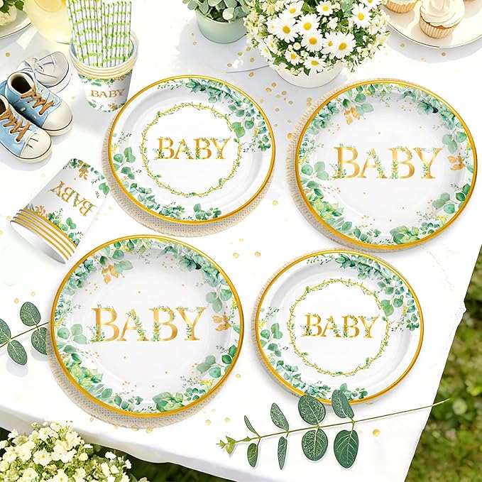 234 Pc Sage Green Baby Shower Decorations Set- Serve 24 Guests, All-in-One Neutral Baby Party Supplies Kit with Balloon Arch, Foil Fringe Curtain, Tableware Set, Cake Topper, Banner, Sash, Tablecloth