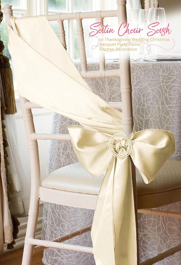 120 PCS Ivory Satin Chair Sashes, Ties Bows Designed Chairs Decorative, Chair Cover Sashes for Thanksgiving Wedding Christmas Banquet Party Home Kitchen Decoration (7 x 108 inch)