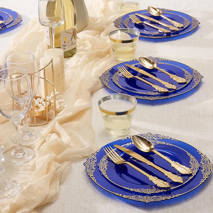 Goodluck 250 PCS Vintage Translucent Blue & Gold Rim Plastic Plates with Cutlery Set - Serves 50 - Heavy Duty Elegant Disposable Dinnerware for Baby Shower, Ocean Theme Party