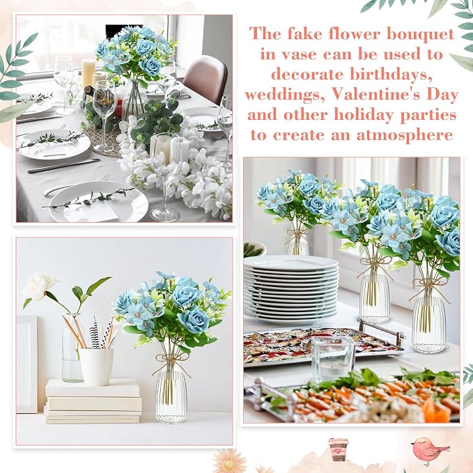 Thiccywoov 36 Pack Artificial Mini Rose Flowers with Vase Bulk, 24 Bundles Silk Rose Flower Artificial Bouquet 12 Plastic Vase with Rope Table Centerpiece Arrangement Wedding Party Deco (Blue)