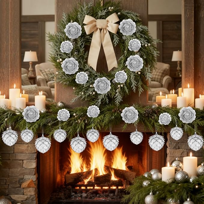 Sratte 8 Pcs Valentine Ball Ornaments Artificial Pinecone Hanging Ornaments Glitter Winter Faux Flower for Xmas Decor, 3.15/2.36 Inch(Silver)