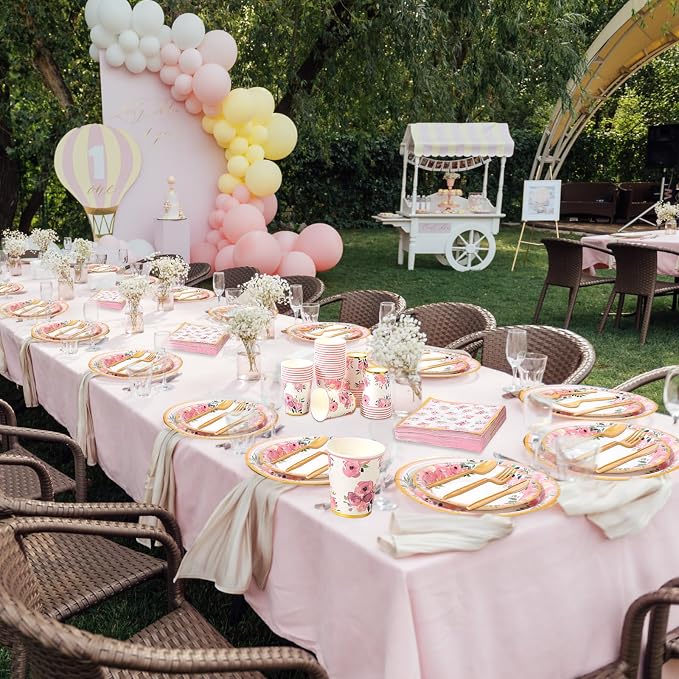 Ziliny 350 Pcs Floral Party Supplies Tableware Set Disposable 9'' 7'' Paper Plates 9 oz Cups Cutlery Napkins Dinnerware for Baby Shower Bridal Wedding 1st Birthday, Serve 50 (Floral, Rose Gold)