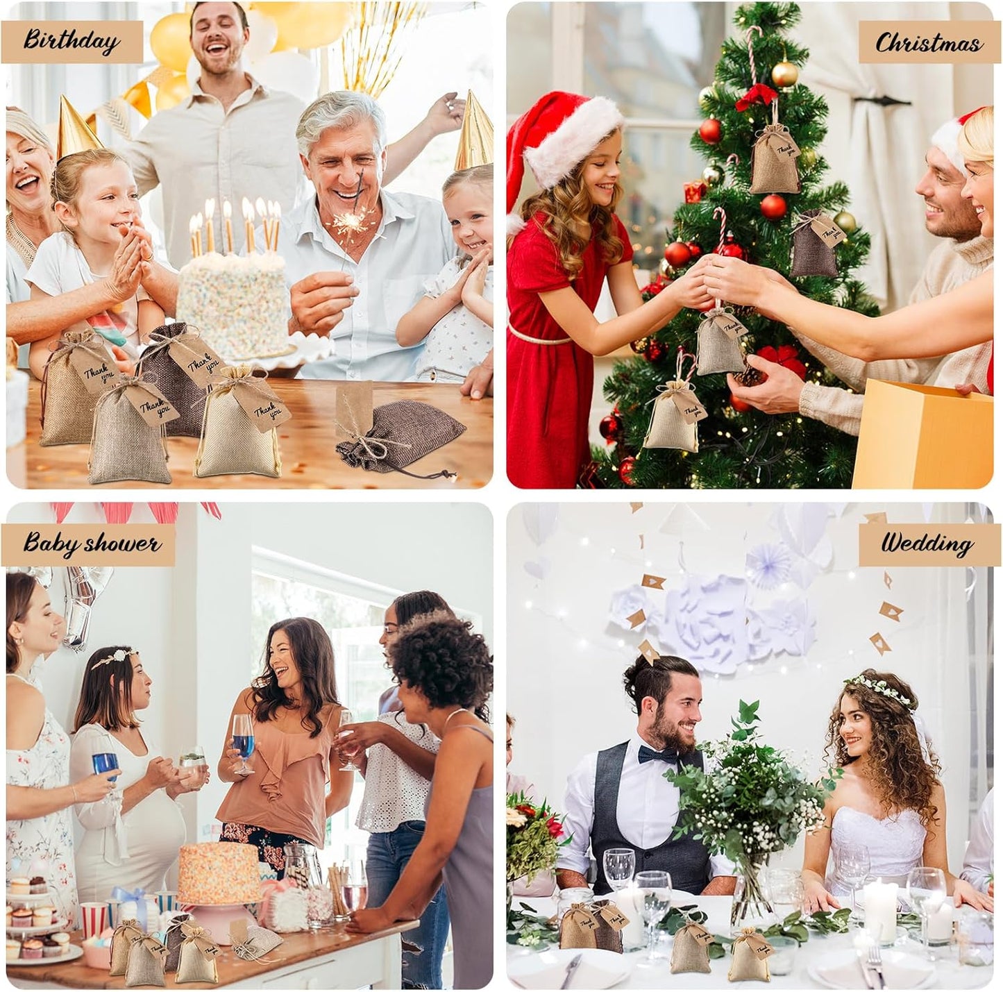 Woanger 100 Pcs Burlap Gift Bags with 100 Pcs Kraft Paper Gift Tags with Drawstring Favor Bulk Burlap Sack Bags for DIY Wedding Party Craft (4 x 6 Inch,Hemp, Beige, Medium Brown, Dark Brown)