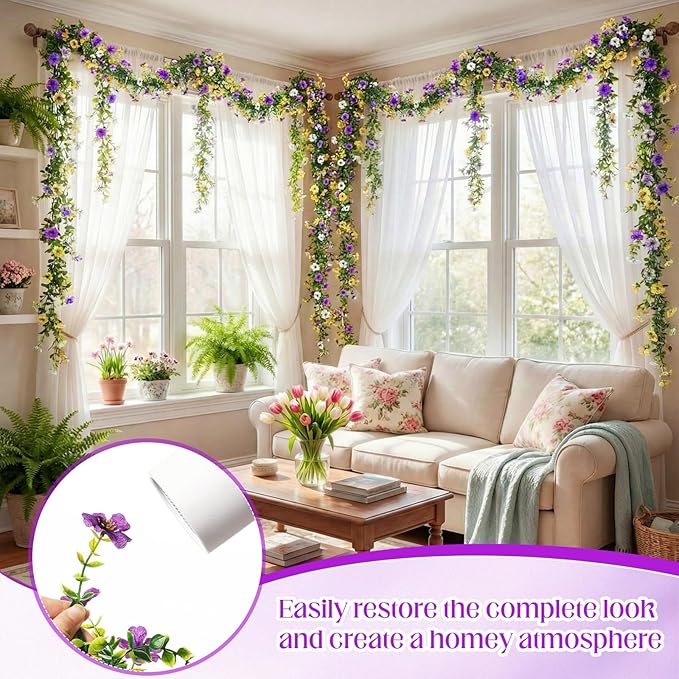 8 Pcs 6 ft Artificial Flowers Wisteria Garland-Total 48 ft Fake Hanging Wisteria Flowers Green Vines Garlands, Faux Flower Daisy with Eucalyptus Leaves for Garden Decor (Mixed 3 Colors)