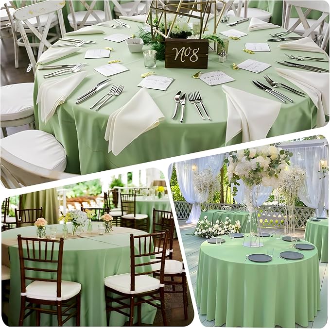 8 Pack Light Green Round Tablecloth 120 Inch Round Table Cloth, Wrinkle Resistant and Washable Tablecloth Polyester Fabric Table Cloth Round Cover for Dining Wedding Banquet Party