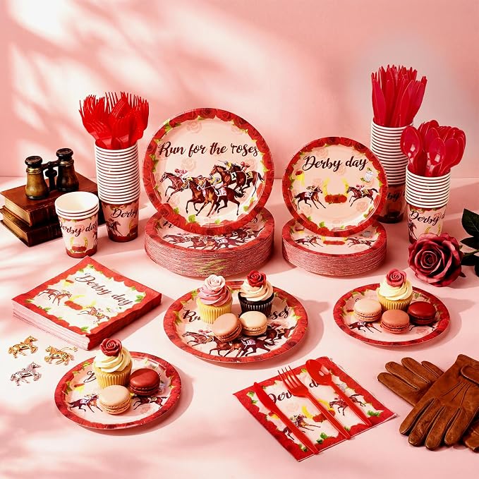 Funnymoom 400 Pcs Derby Run for The Roses Party Supplies, Horse Racing Paper Plates Napkins Cups Cutlery Set, Western Cowboy Disposable Dinnerware for Preakness Party Bridal Shower, Serves 50 Guests