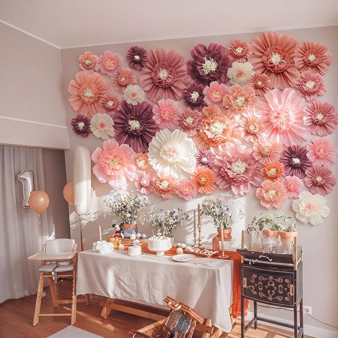 Giegxin 44 Pcs Multiple Sizes Boho Giant Paper Flowers for Wall Decorations Pink White Big Tissue Flowers Boho Party Decorations Floral for Wedding Baby Shower Classroom Nursery Bachelorette Backdrop