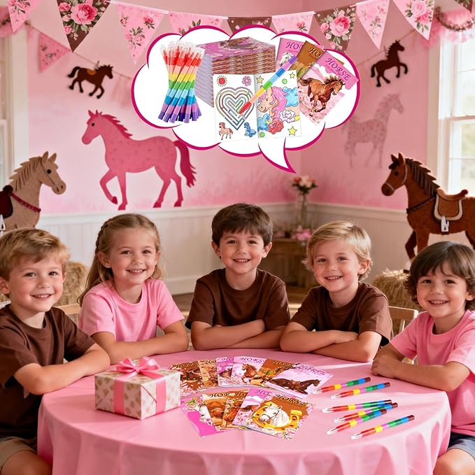 BenLouis 24 Horse Floral Mini Coloring Books Kids with 24 Stacking Crayons Cowgirl Party Party Favors Activity Books Bulk for Kids Girls Horse Racing Flower Goodie Bag Gift Stuffer Classroom Reward