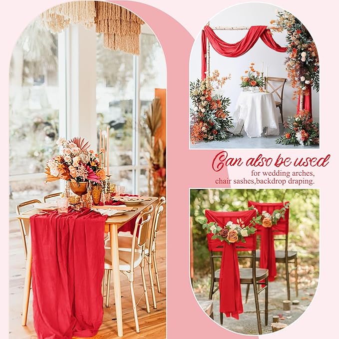 24 Pack Red Cheesecloth Table Runner, 10FT Cheesecloth Rustic Boho Table Runner Long Romantic Semi Sheer Table Runner for Wedding Baby Shower Birthday Bridal Party Decorations(21.5×120 Inch)