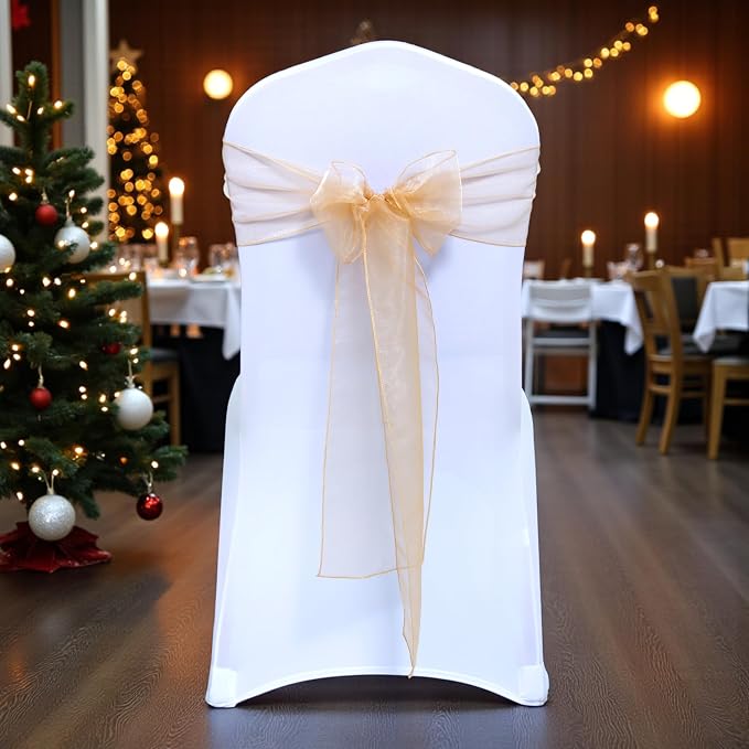 MDS® Pack of 300 Organza Chair Sashes for Wedding Decoration, Reusable Sheer Chair Bows for Banquet Chair Cover, Reception, Bridal Shower, Baby Shower, Birthday Party & Special Events - Champagne Gold
