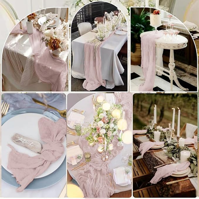 10 Pcs Dusty Pink Cheesecloth Table Runner 10FT, Gauze Table Runner for Wedding Reception Sheer Bridal Shower Birthday Party Boho Table Decoration, Rustic Romantic Wedding Runner