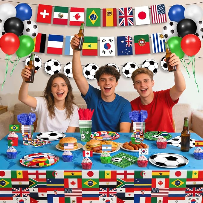 Soccer Birthday Party Decorations Includes Plates, Napkins, Cups, Banner, Hanging Swirls, Tablecloths, Balloons, Cupcake Toppers for 2026 Soccer Party Decorations, Serves 24