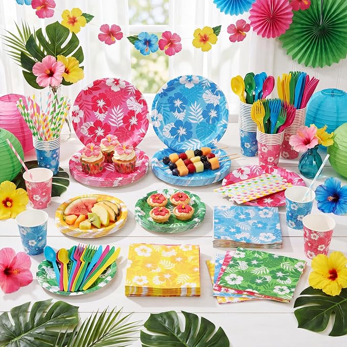 450 Pcs Hawaiian Luau Tableware Set Decorations Aloha Tropical Hibiscus Palm Leaves Paper Plates Napkins Cups Cutlery Straws for Hawaiian Party Summer Birthday Party Supplies, Serves 50