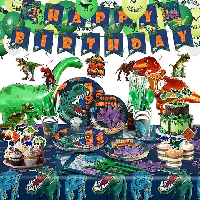 Dinosaur Birthday Party Supplies Kit For Boys, Dinosaur Party Decorations-20 Guest-Include Dino Plates Cups Napkins Banner Cutlery Balloon Tablecloth Straws Toppers