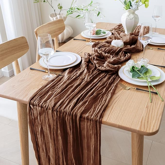 6PCS Table Runner Cheesecloth 10FT Brown Boho Gauze Cheese Cloth Rustic Sheer Table Runners for Wedding Bridal Baby Shower Party Decoration