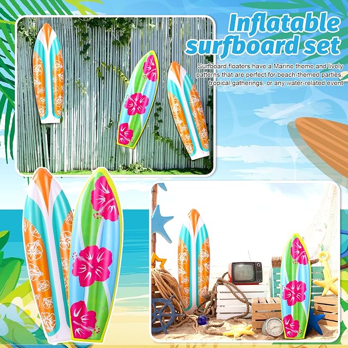 JellyArch 4 Pcs Inflatable Surf Board 36 Inch Inflatable Pool Floats Luau Hawaiian Party Decorations Tropical Flower Blow up Surfboard for Wall Beach Party Decorations