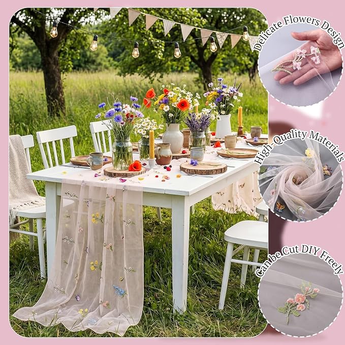 Lounsweer Pink Wildflower Table Runner 10ft Embroidery Tulle Spring Floral Table Runner Seasonal Summer Butterfly Kitchen Dining Gauze Decoration for Wedding Baby Shower Birthday Party