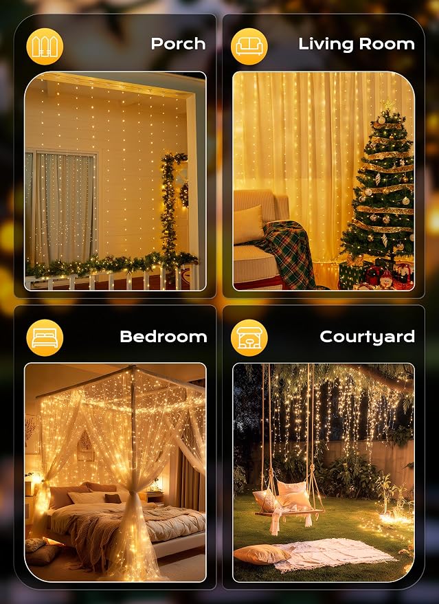 Brightown 300 LED Fairy Curtain Lights, 9.8ft x 9.8ft String Lights, USB Plug in 8 Lighting Modes Christmas String Hanging Lights with Remote for Bedroom Indoor Outdoor Party Xmas Warm White 2 Pack