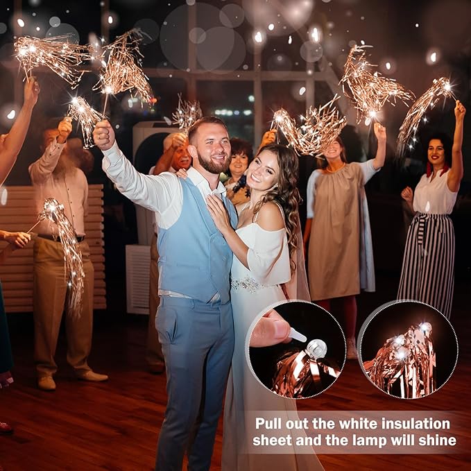 Simgoing 100 Pcs Lighted Wedding Wands LED Tinsel Wands Light up Streamers Sparklers for Wedding Send Off and Exits Birthday Party Props Favors(Rose Gold)