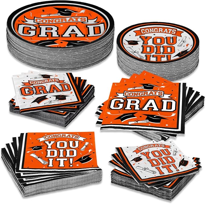 Graduation Party Supplies Dinnerware Set orange Disposable dinner paper plates dessert paper plates and Napkins for Congrats Grad Party Decorations, Serve 50