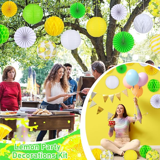 Retisee 18 Pcs Lemon Party Decorations Kit Yellow Paper Lanterns Hanging Decoration Paper Fans Hanging Honeycomb Ball for Lemon Theme Party Supplies Wedding Baby Shower Decor