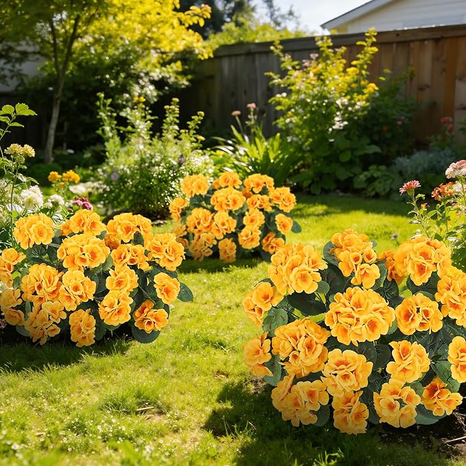 Ouddy Decor Artificial Geranium Flowers for Outdoors, Fake Silk Flowers UV Resistant Faux Geraniums for Vase Planter Garden Patio Balcony Porch Indoor Outdoor Spring Summer Home Decor, 6 Pcs Yellow