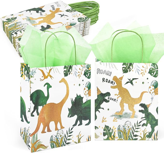 DjinnGlory 36 Pack Medium T-Rex Dinosaur Dino Themed Gift Bags with Handles and Green Tissue Paper for Boys Girls Kids Birthday Party Favors Goodies Treats,10x8x4 Inch (2 Assorted Designs)