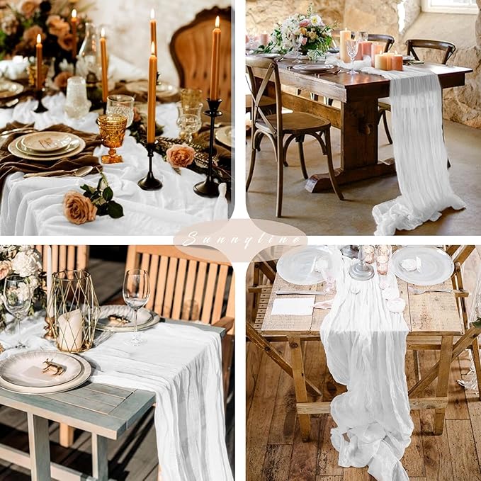 6 Pcs White Cheesecloth Table Runner 10FT Runner for Tables Gauze Fabric Boho Cheese Cloth Table Runner Decoration Rustic Semi Sheer Runner for Wedding Birthday Holiday Bridal Shower Party (White)