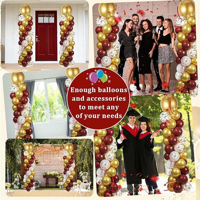 2 Sets Red and Gold Balloon Column Stand Kit with 100 Balloons Adjustable Balloon Tower Stand with Bases for Floor Confetti Balloon Column Kit for Bridal Graduation Birthday Appreciation Party Decor