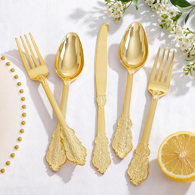 Supernal 360pcs Gold Plastic Silverware Set with Embossed Handles - Vintage Baroque Heavy Duty Disposable Cutlery (120 Forks, 120 Spoons, 120 Knives) | Elegant Gold Utensils for Wedding & Party