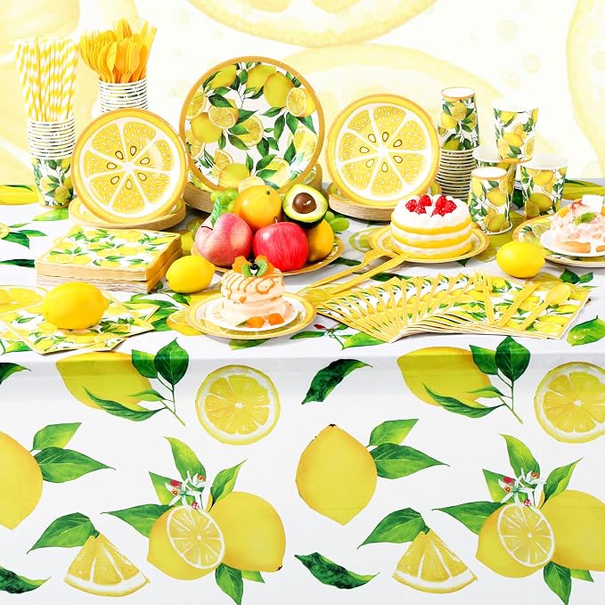 Funnymoom 452 Pcs Lemon Party Decorations, Yellow Lemons Paper Plates Napkins Cups Tablecloth Cutlery Straws for Summer Fruit Theme Birthday Wedding Baby Shower Party Supplies, Serves 50