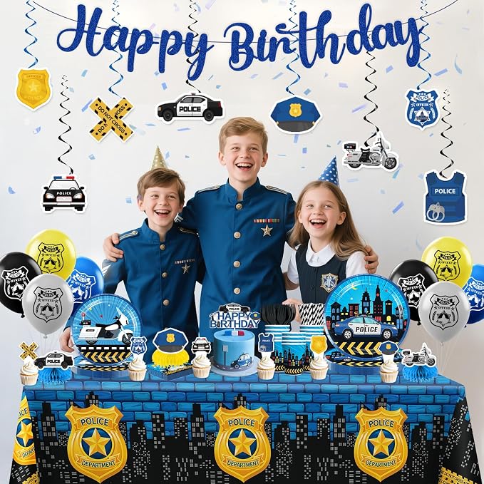 189pcs Police Birthday Party Decorations Tableware Complete Set, Serves 25 Guests, Police Party Decorations Kit with Banner Plates, Napkins, Balloons, Tablecloths, for Police-Theme Birthday