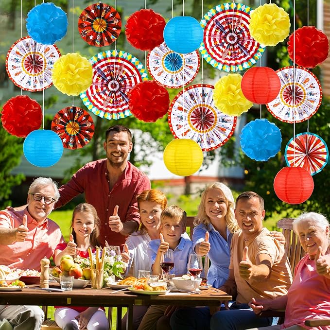 Outus 21 Pcs Carnival Party Decorations with Circus Hanging Paper Lanterns Fans Red Yellow Blue Paper Pom Poms Tissue Flowers for Carnival Circus Birthday Baby Shower Party Favors Supplies