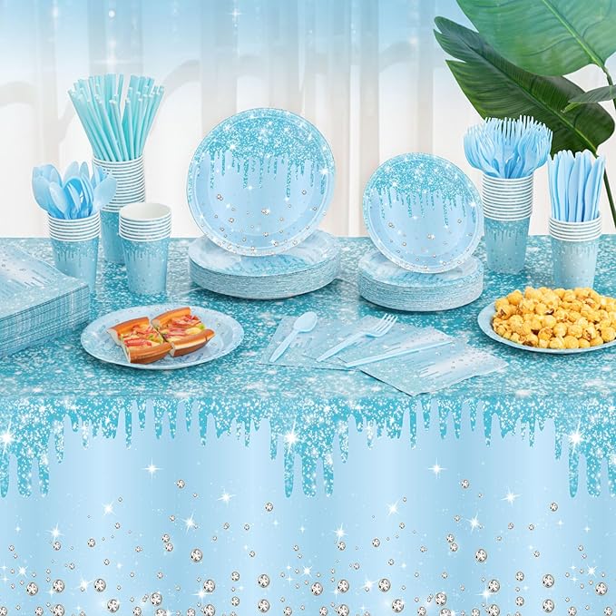 Funnymoom 452 Pcs Light Blue Party Decoration Include Glitter Baby Blue Paper Plates Napkins Cups Tablecloth Cutlery Straws Tableware for Baby Shower Birthday Wedding Graduation Party Supplies