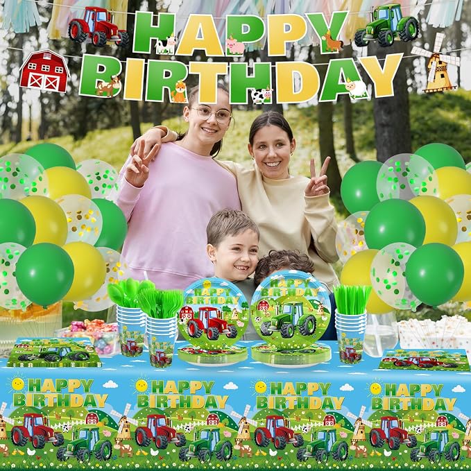 232pcs Tractor Birthday Party Decorations Party Plates Napkins Disposable Paper Cups Tablecloth Banner Boys Tractor Farm Birthday Party Supplies Tableware Set 24 Serve