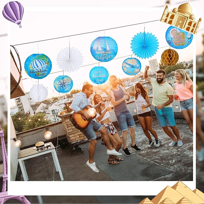 Baquler 18 Pcs Travel Party Party Decoration Around The World Bon Voyage Hanging Paper Lantern Let The Adventure Begin Fans Honeycomb Ball for Birthday Baby Shower Ceiling Decor Supplies
