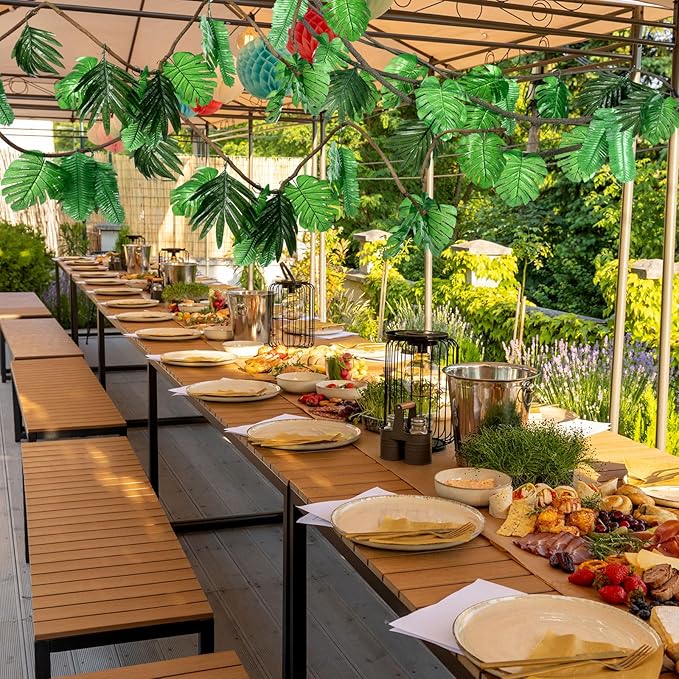 Preboun 60ft Jungle Theme Party Decorations Tropical Rainforest Leaves Safari Artificial Rattan Decoration with 100 Pcs Fake Tropical Palm Leaves for Indoor Outdoor Forest Garden Party Decor