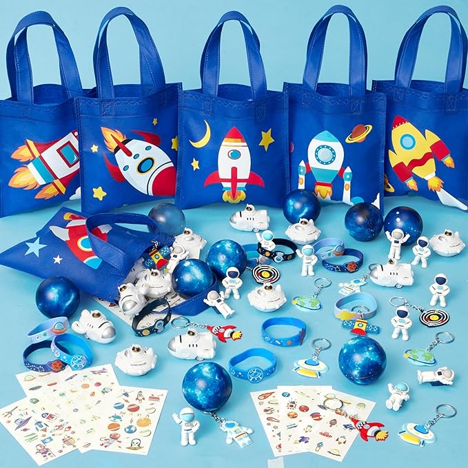 SNLN Outer Space Party Favors Birthday Supplies Non-Woven Gift Bag Stress Ball Spaceship Toy Astronaut Eraser Silicone Bracelet Keychain Tattoo Sticker Galaxy Space Goodie Bags Party Decoration