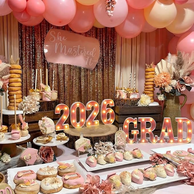 Honoson 8 Pcs Pink GRAD 2026 Sign Grad 2026 LED Sign Light up Graduation Party Decorations, Glitter Pink Light up Numbers Letters, Class of 2026 Decoration for Table High School Senior College Party