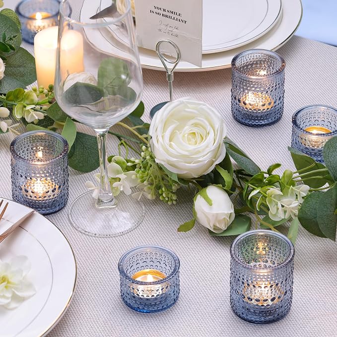 30 Pcs Blue Votive Candle Holders – Glass Candle Holders Bulk for Wedding Table Centerpiece, Something Blue Bridal Shower, Baby Shower, Summer & Everyday Home Decor
