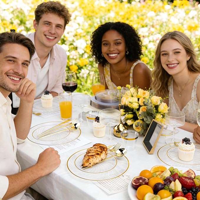 N9R 180 PCS Disposable Dinnerware Set with Gold Rim Clear Plastic Plates for 30 Guests, Include 30 Dinner Plates, 30 Dessert Plates, 30 Cups, 90 Heavy Duty Gold Plastic Silverware for Party & Wedding