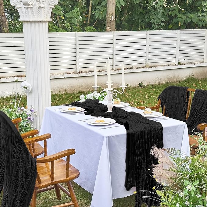 IVAPUPU 2 Pcs Cheesecloth Table Runner - 10ft Black Spring Boho Gauze Black Cheese Cloth Table Runners for Indoor Baby Shower Decorations Wedding Party Garden Decor